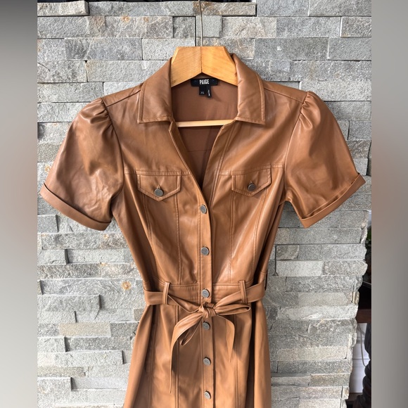 PAIGE Tan Camel Faux Leather Belted Button Down Short Sleeve Dress 2 - Picture 14 of 14